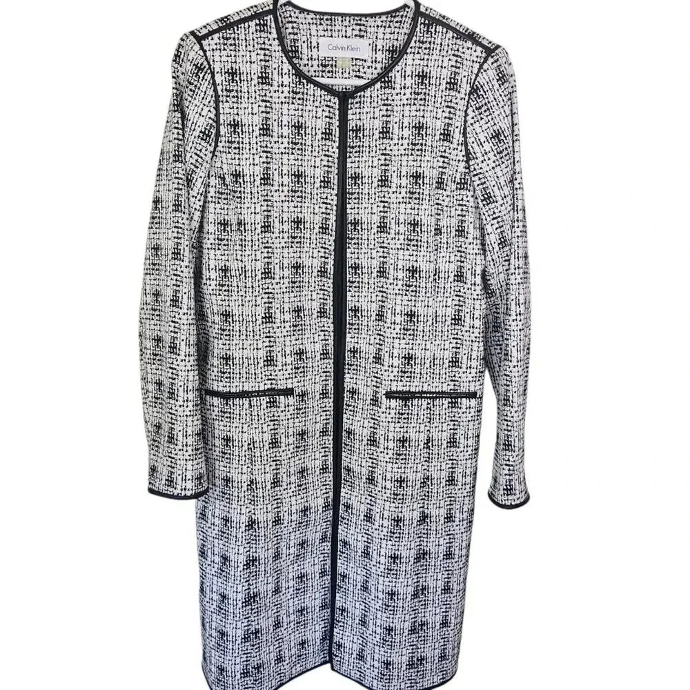 Calvin Klein White Black Printed Jacket Faux-Leather-Trim Long‎ Duster Size 8